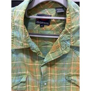 roper western cowboy long sleeve plaid pearl button snaps‎ men's xl